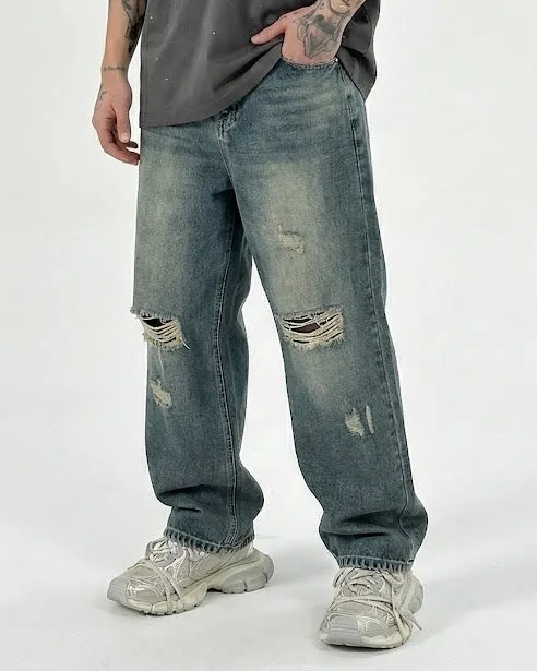 Sottosopra Jeans Baggy Fit Sabbiato Strappi Denim Taglia 48