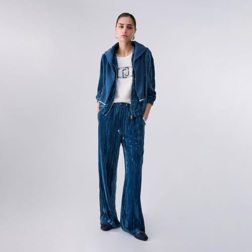 Liu Jo Pantaloni Velluto Crinkle Elastico Coulisse Blu Bianco