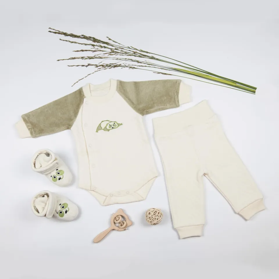 Pamboo set neonato 3 pezzi cotone bio panna body pantaloni