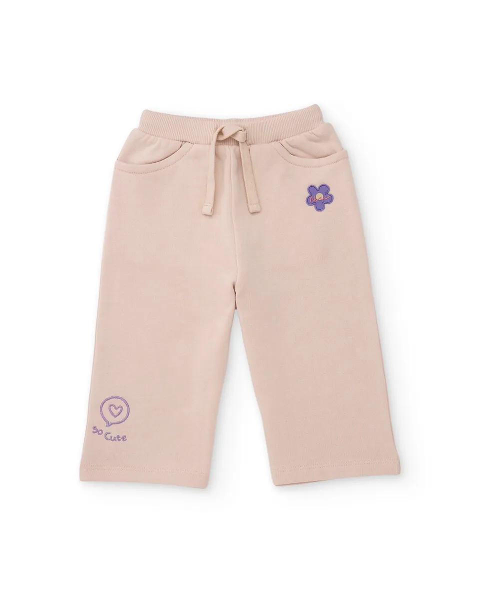 TucTuc Pantaloni Felpa Bambina Beige Ricamo Fiore