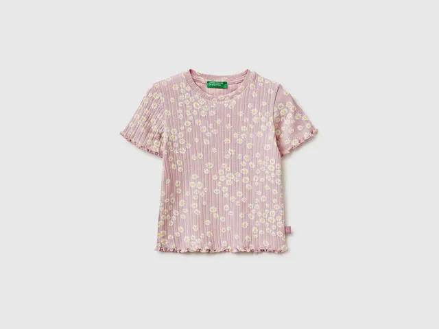 United Colors of Benetton T-shirt Bimba Cotone a Coste Fantasia