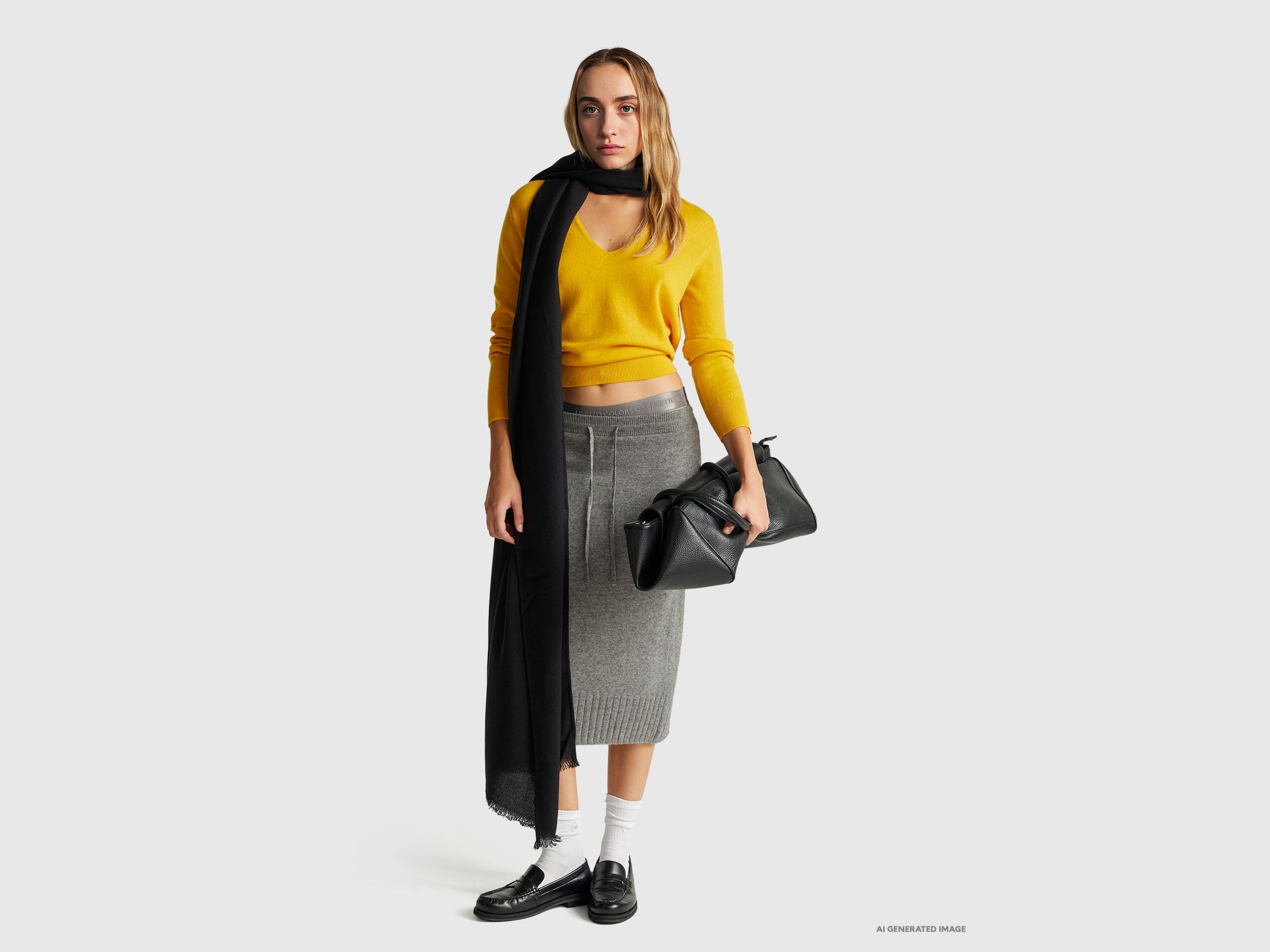 Benetton maglione scollo V giallo ocra pura lana Merino
