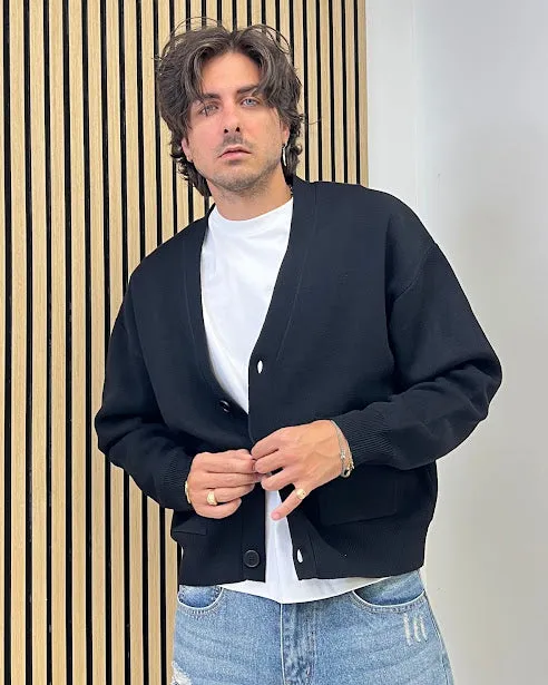 Sottosopra ANW86021 cardigan uomo scollo a V nero boxy fit