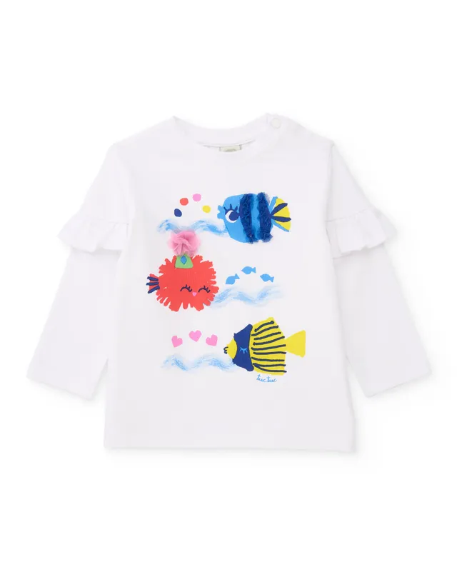 TucTuc Magliette T-Shirt Bambina Bianco Pesci Rilievo