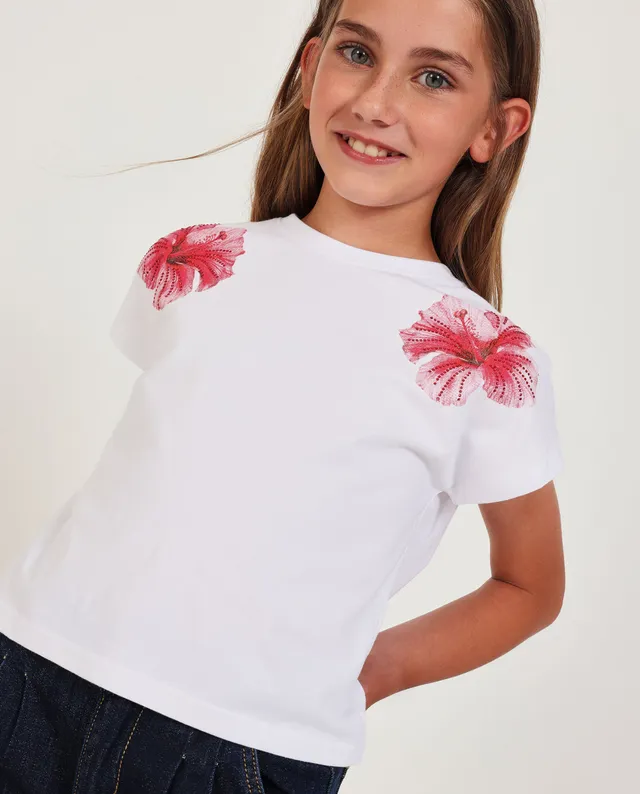 TucTuc Magliette T-Shirt Bambina Bianca Fiori Rosa Cotone