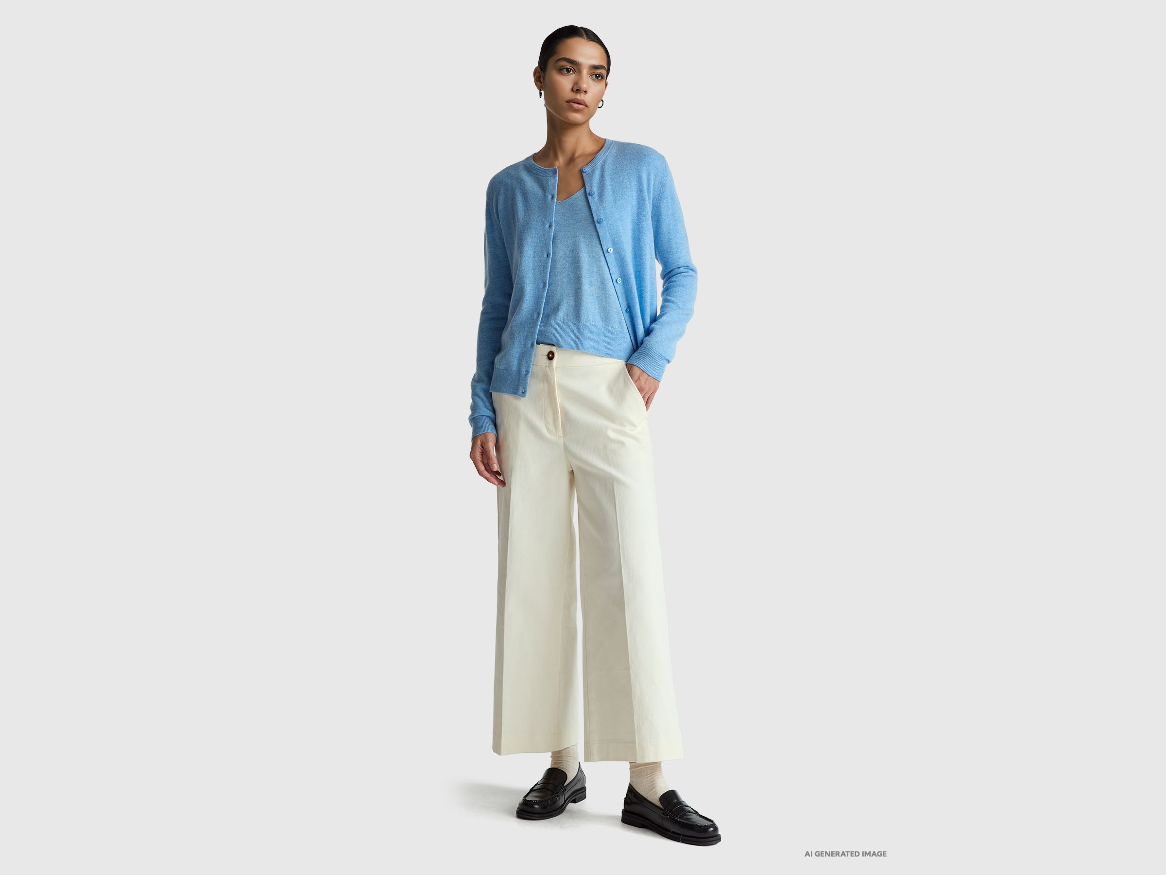 United Colors of Benetton cardigan lana merino azzurro collo rotondo
