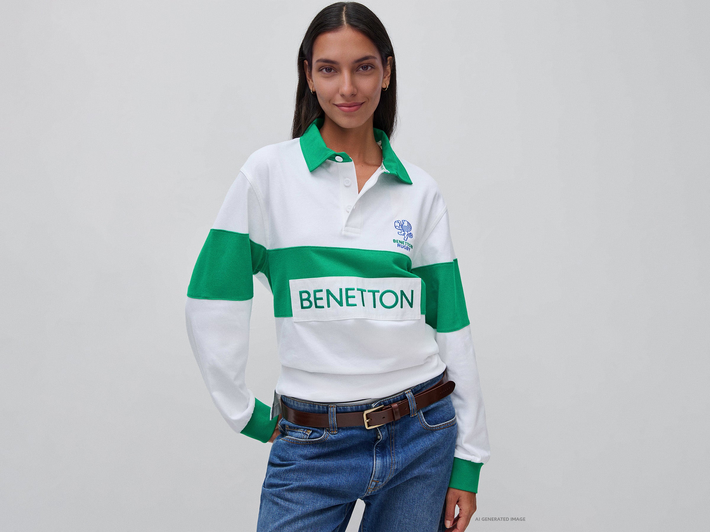 United Colors of Benetton Polo Rugby cotone bianco verde maniche lunghe
