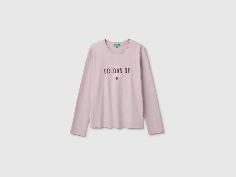 Benetton T-shirt maniche lunghe cotone bio ricamo