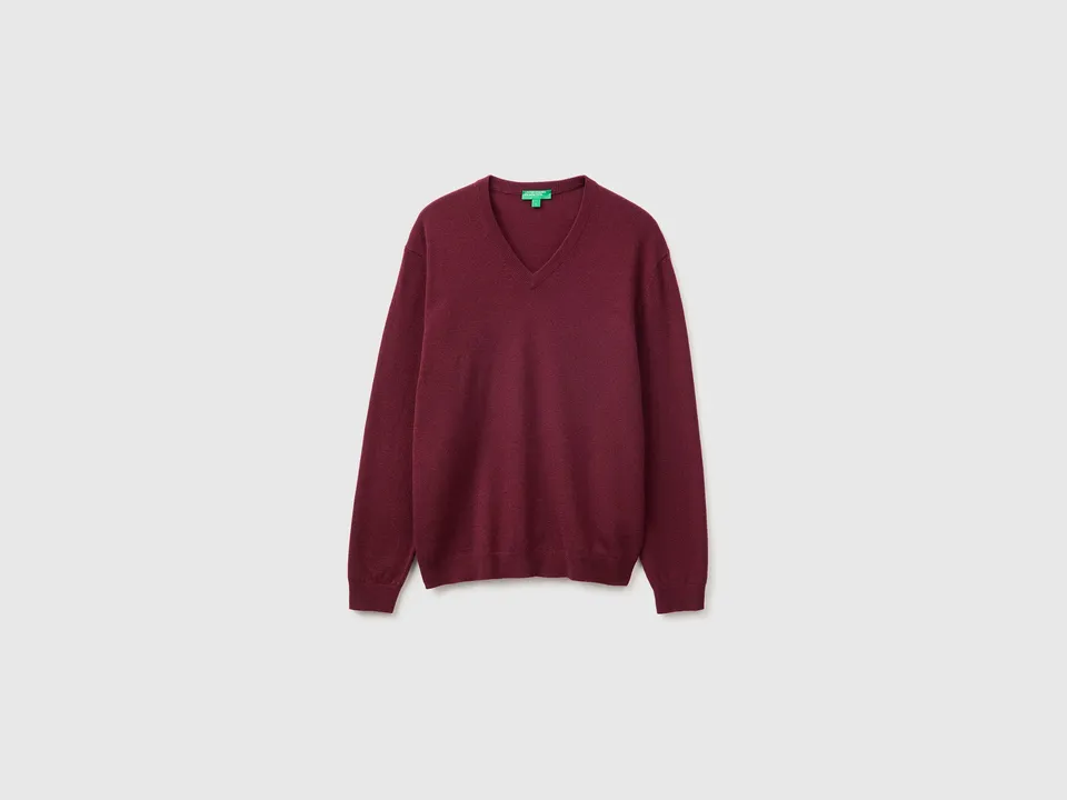 United Colors of Benetton Maglione Lana Merino Bordeaux Scollo V