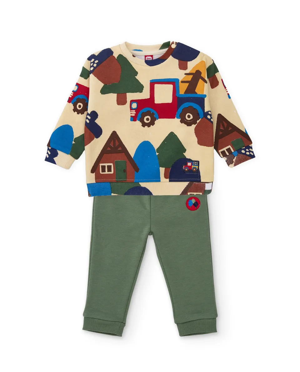 TucTuc Completi Felpa Bambino Beige con Pantaloni Verdi