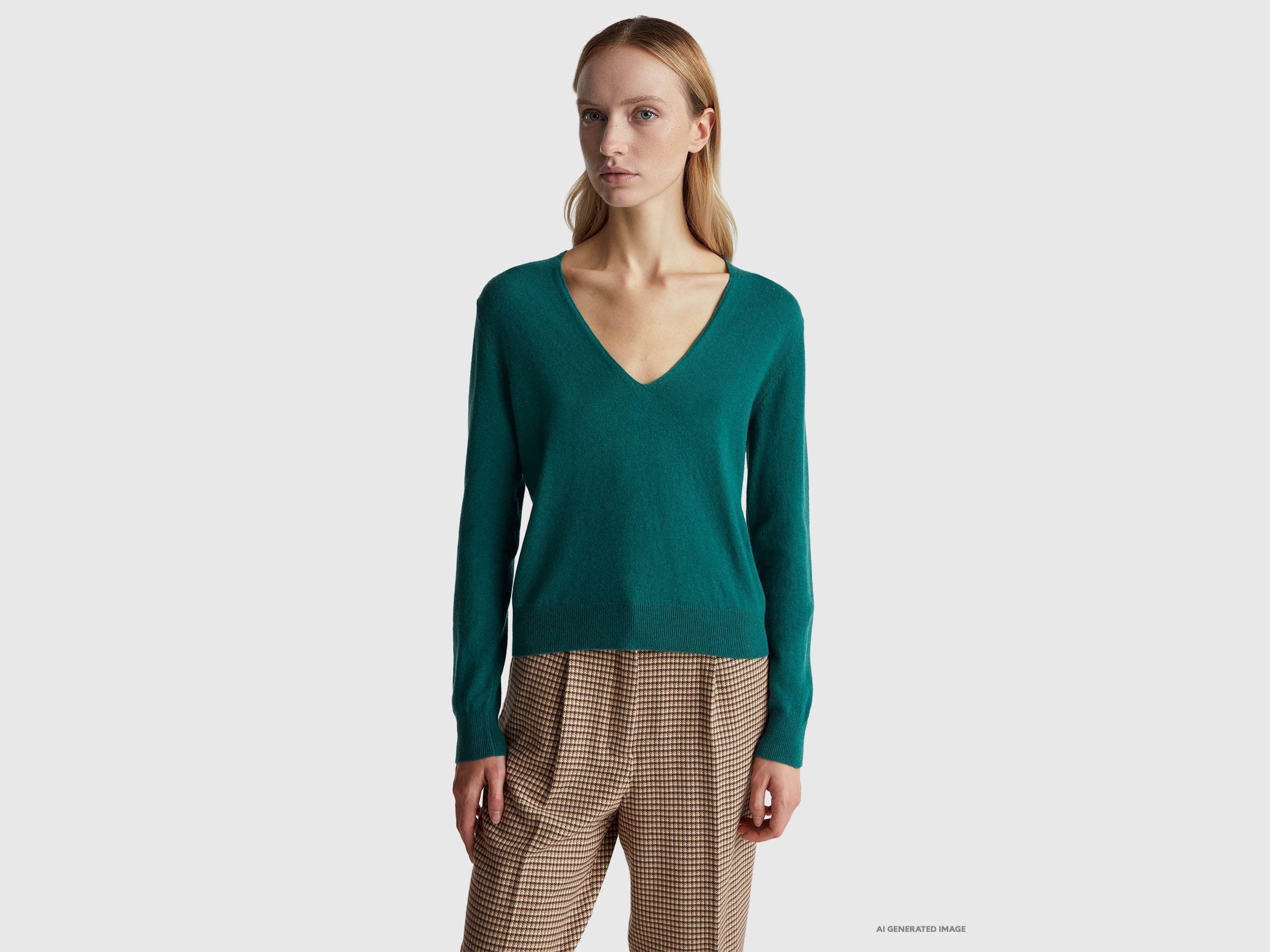 United Colors of Benetton Maglione Collo V Merino Verde Taglia M