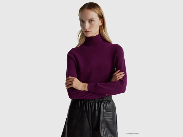 Benetton Maglione Dolcevita Lana Merino Viola