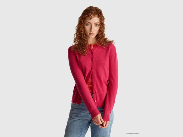 United Colors of Benetton Cardigan Fucsia Merino Collo Rotondo Taglia M