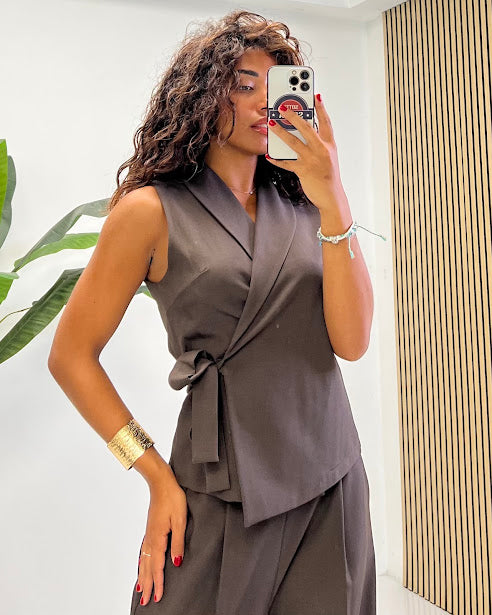 Sottosopra Set Gilet Fiocco Pantalone Palazzo Coordinato Sabbia