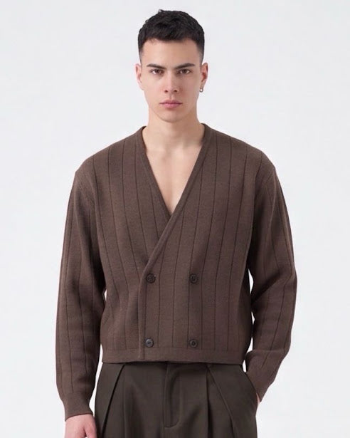Sottosopra Cardigan a V Trama Rigata Doppio Petto Maglia Marrone M