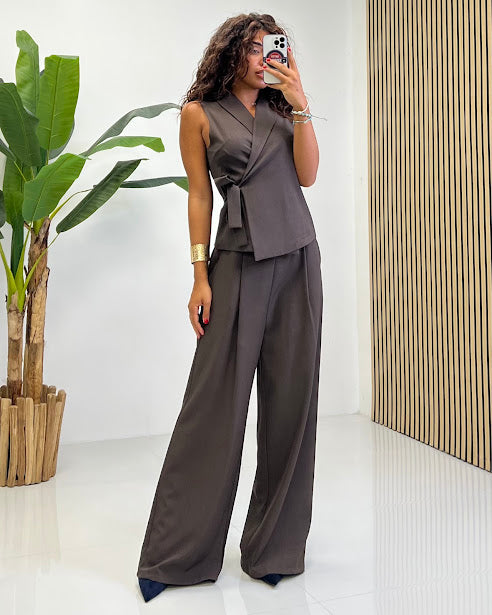 Sottosopra Set Gilet Fiocco Pantalone Palazzo Coordinato Sabbia