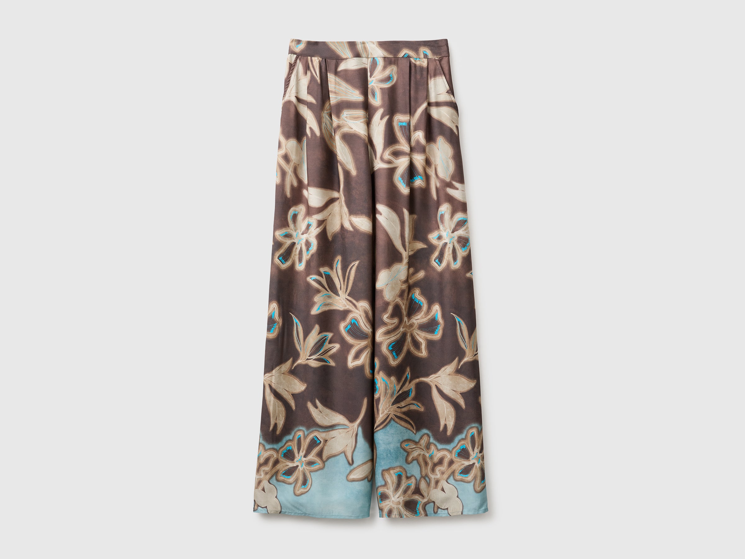 Benetton Trousers Pantaloni Viscosa Fiori Gamba Larga