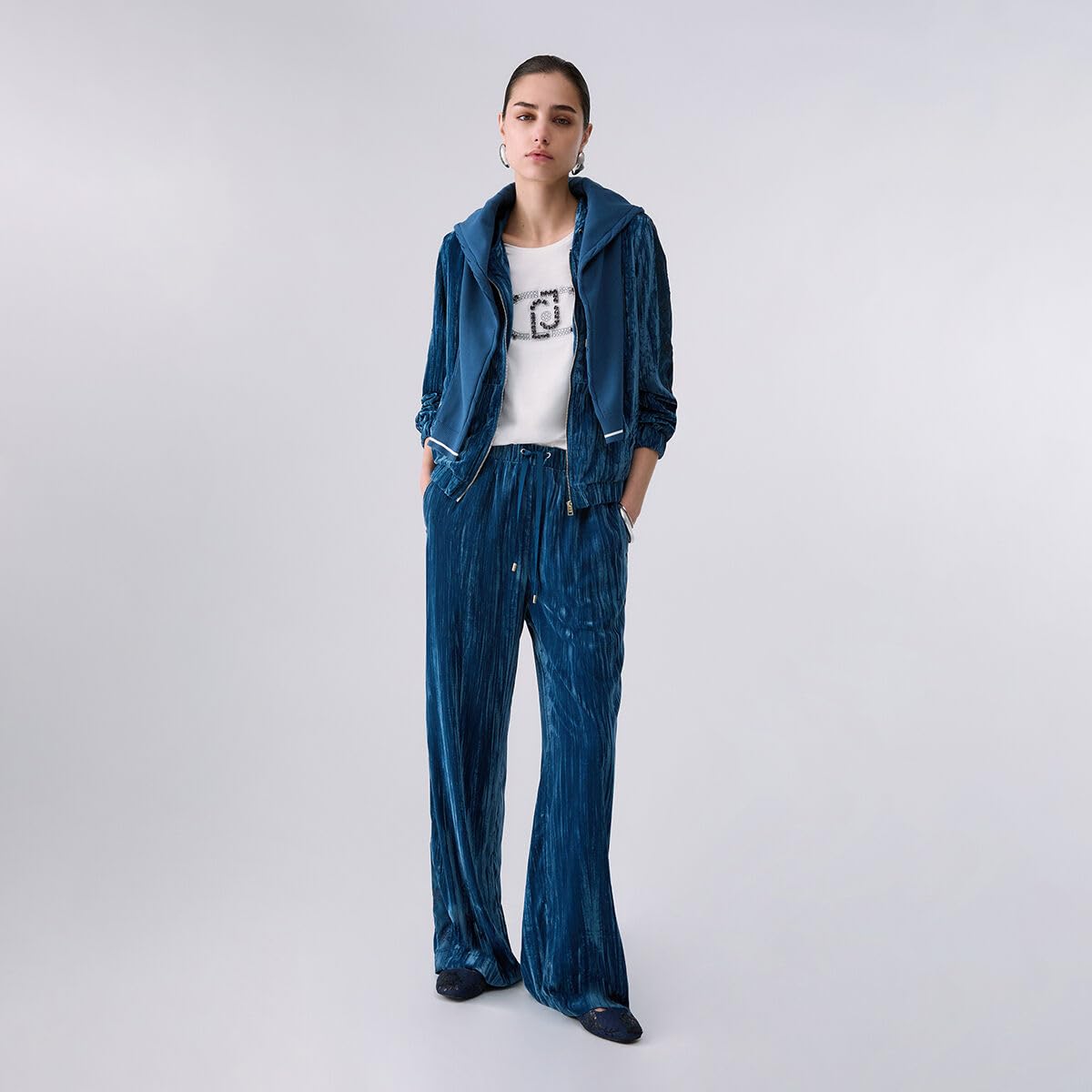 Liu Jo Pantaloni Velluto Crinkle Elastico Coulisse Blu Bianco