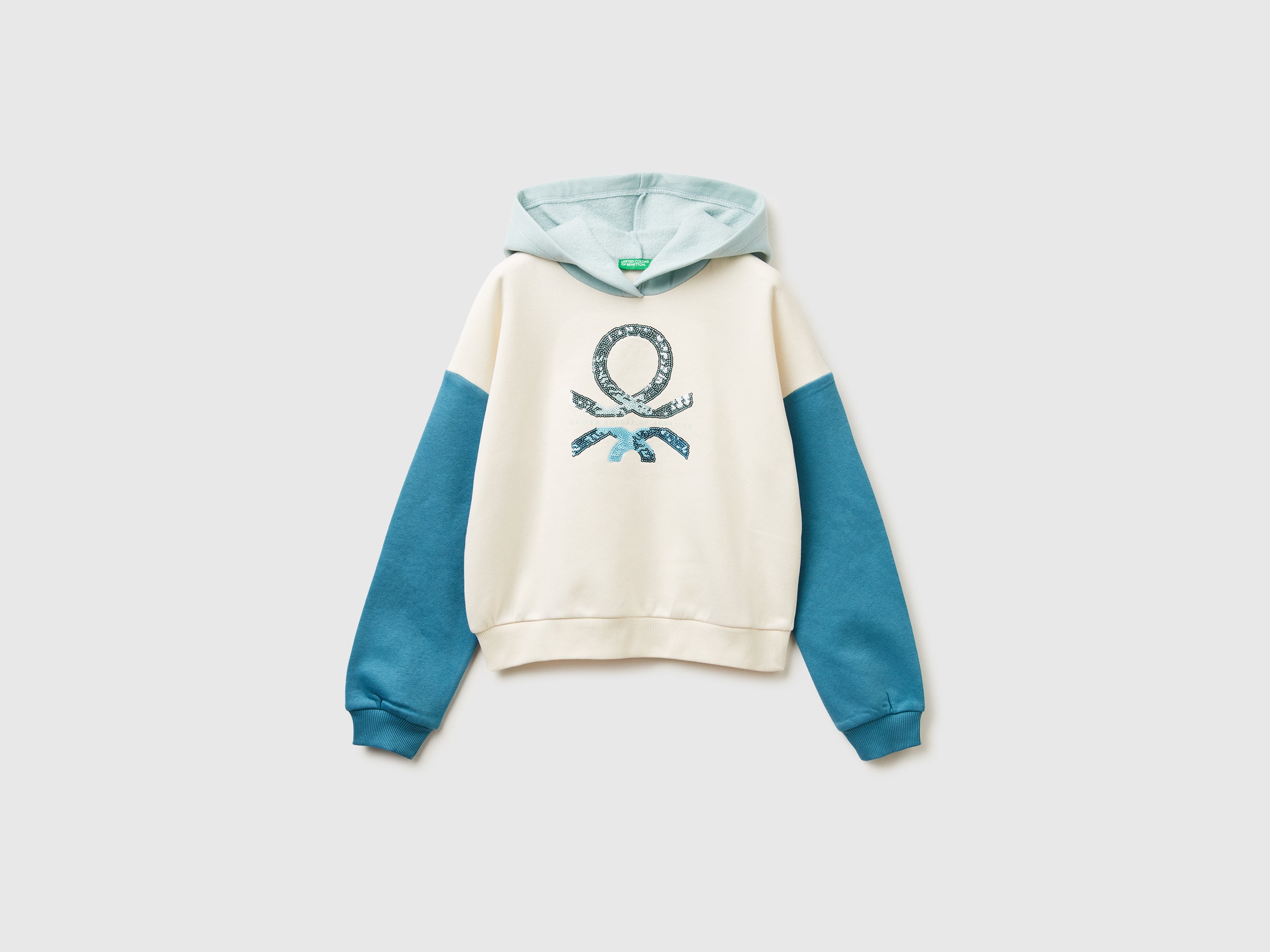 Benetton felpa con cappuccio paillettes misto cotone manica lunga