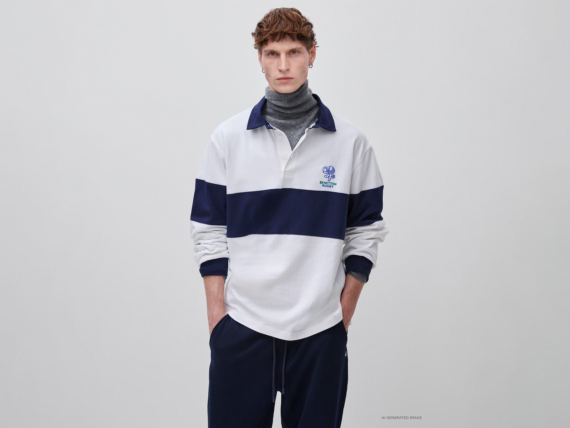 United Colors of Benetton Rugby Polo Manica Lunga Cotone Bianco Blu
