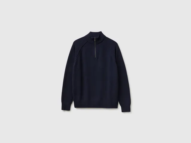 Benetton maglione merino zip lana vergine collo alto manica raglan