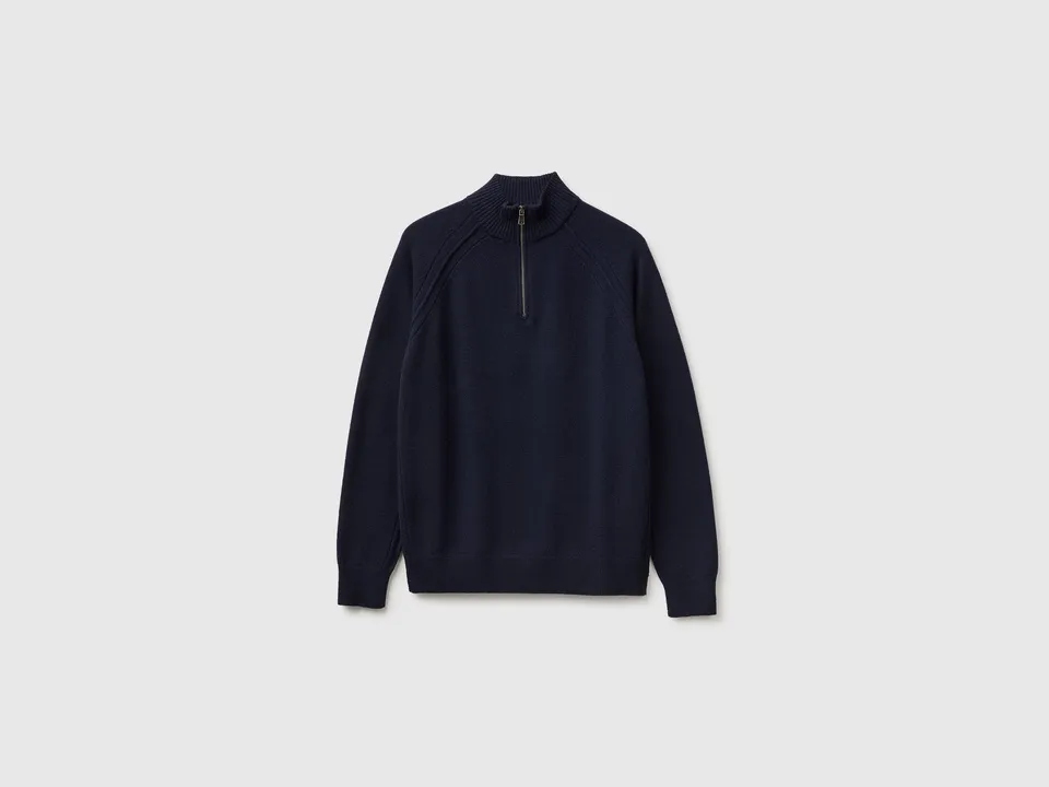 Benetton maglione merino zip lana vergine collo alto manica raglan