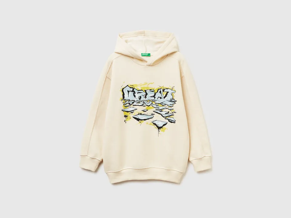 Benetton Felpa cappuccio cotone stampa slogan