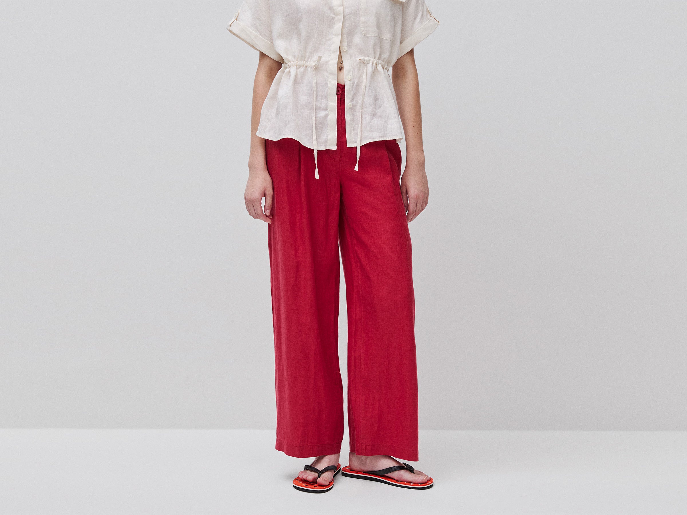 United Colors of Benetton Pantaloni vita alta lino puro