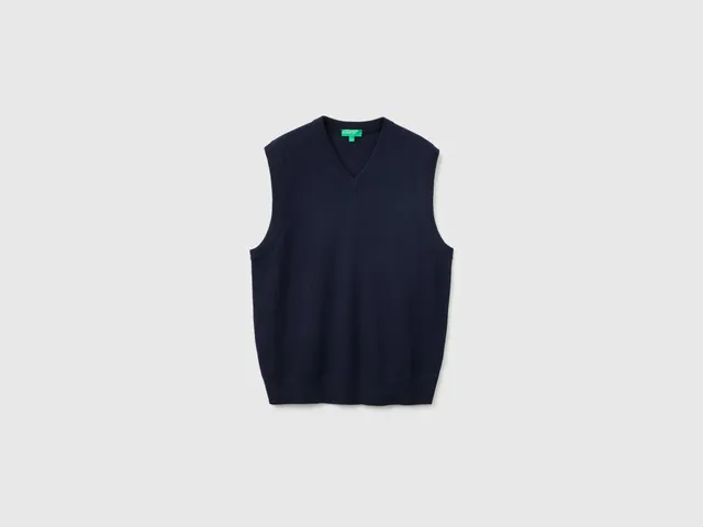 United Colors of Benetton Gilet lana merino blu notte scollo V