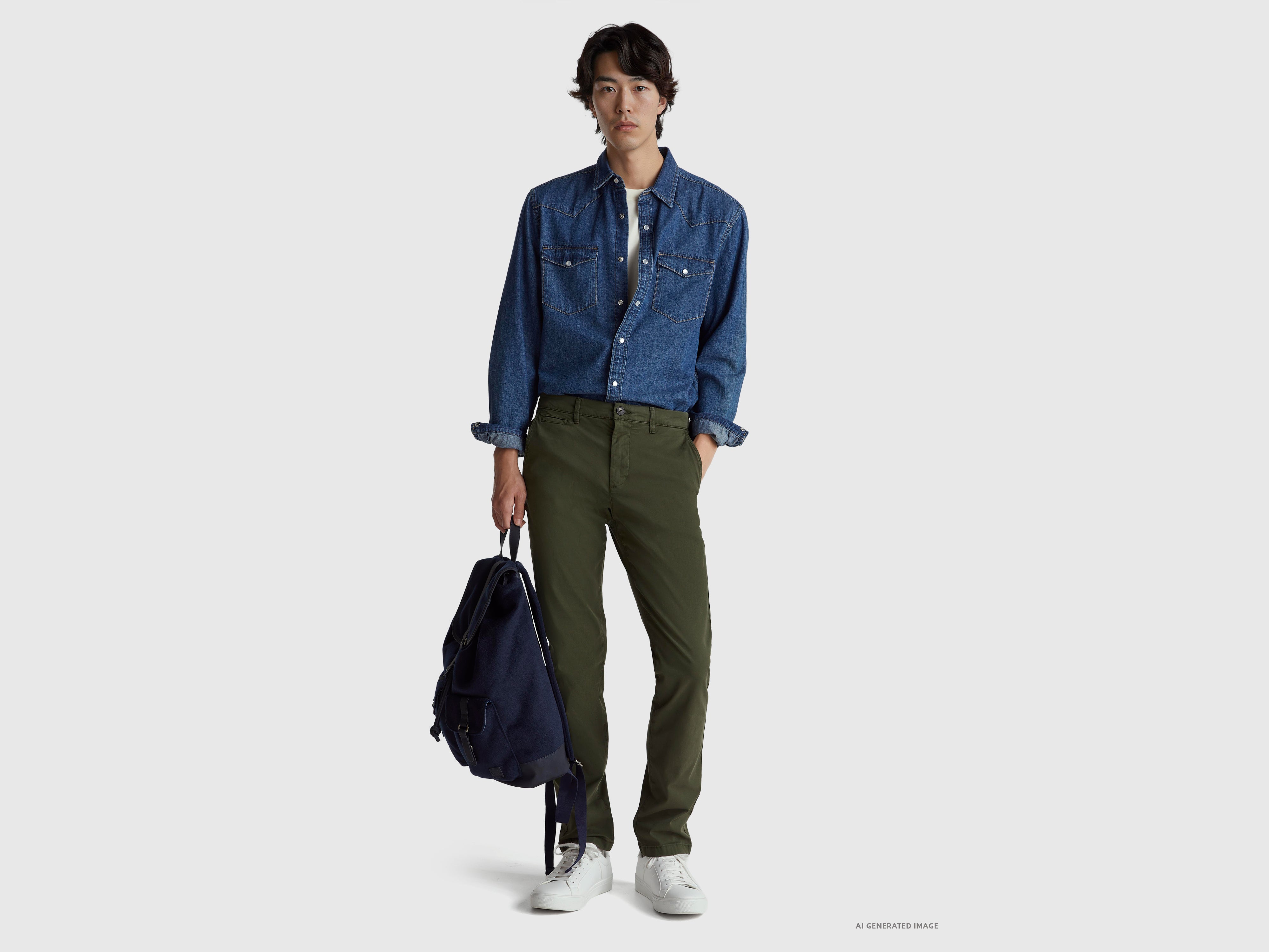 Benetton Trousers chinos verde scuro cotone slim taglia 42