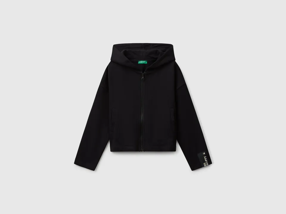 United Colors of Benetton Felpa Cappuccio Zip Cotone Patch Polso