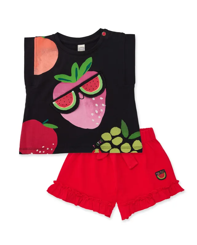 TucTuc Completi Completo bambina nero fragola shorts rossi