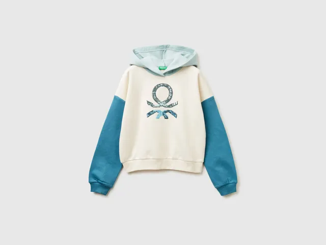Benetton felpa con cappuccio paillettes misto cotone manica lunga