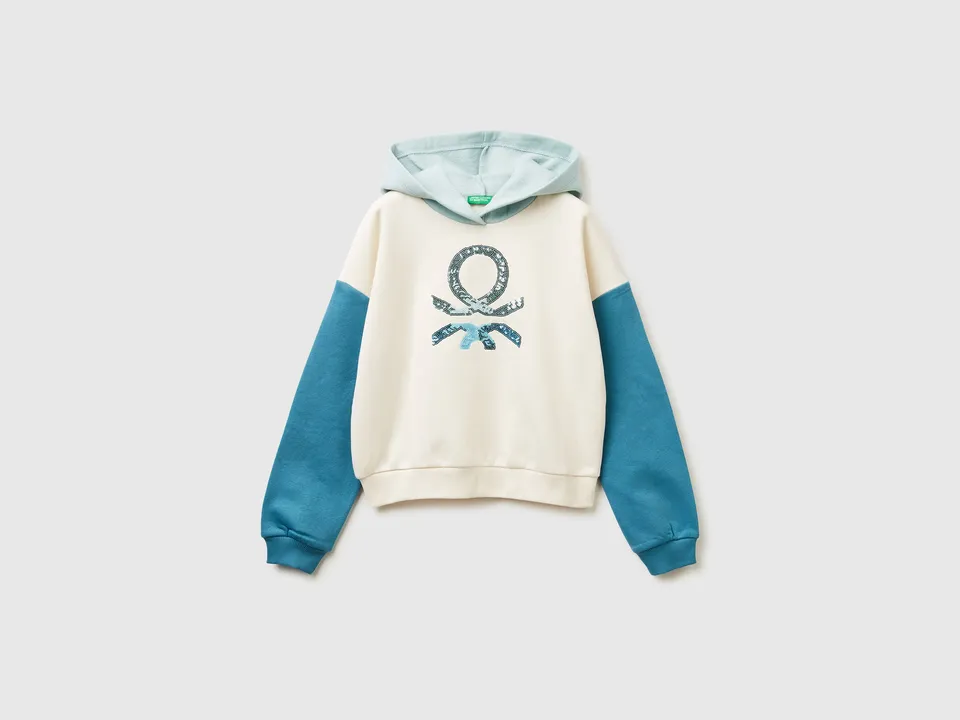 Benetton felpa con cappuccio paillettes misto cotone manica lunga