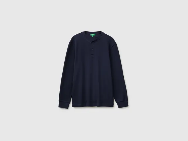 Benetton T-Shirt Henley Waffle Cotone Manica Lunga