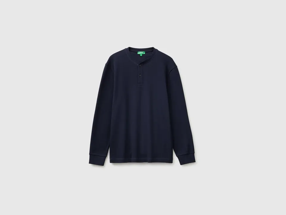 Benetton T-Shirt Henley Waffle Cotone Manica Lunga