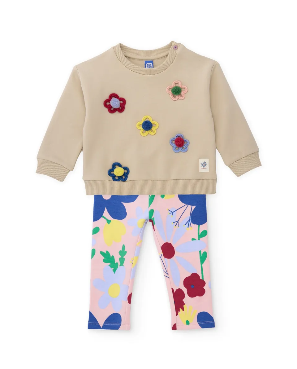 TucTuc Completi Tuta Bambina Beige Felpa Fiori 2 Pezzi