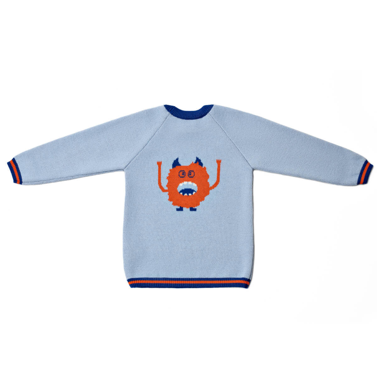 Pamboo Merino Maglione lana bambino blu mostro arancione