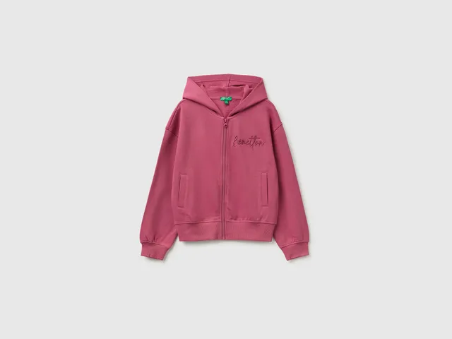United Colors of Benetton Felpa cappuccio cotone con zip e ricamo