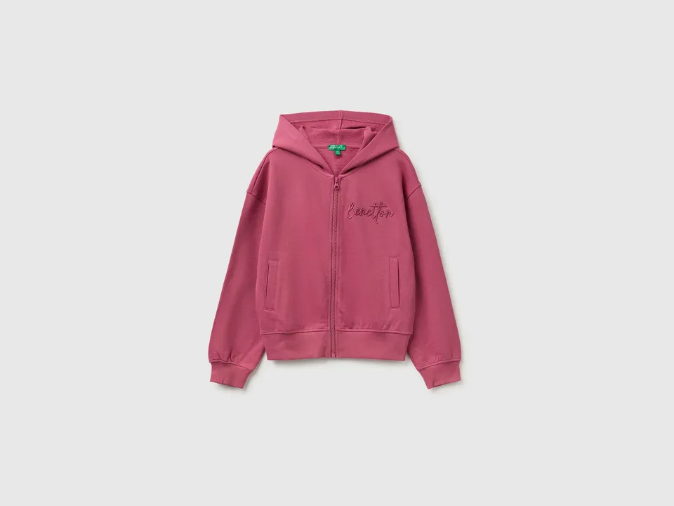 United Colors of Benetton Felpa cappuccio cotone con zip e ricamo