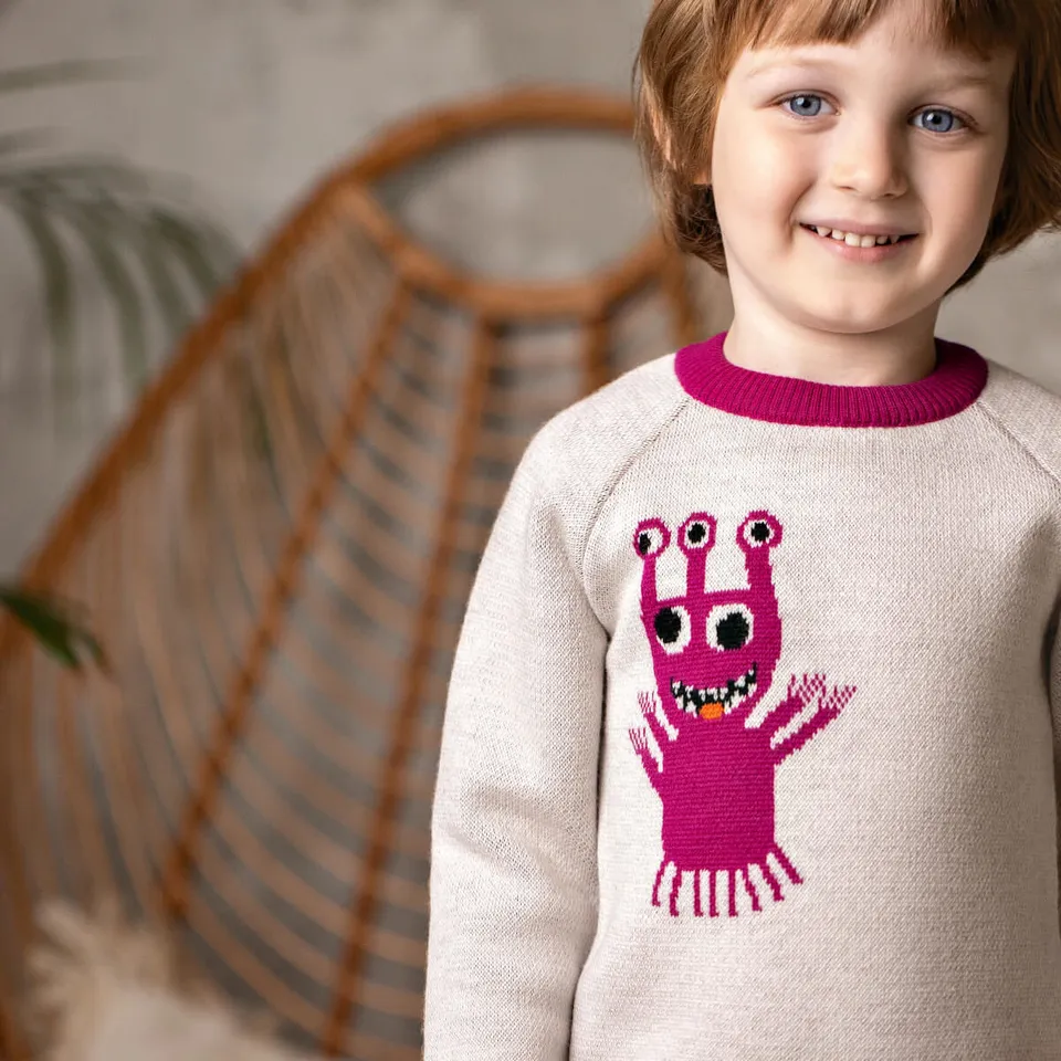 Pamboo maglione bimbo lana merino blu mostro arancione