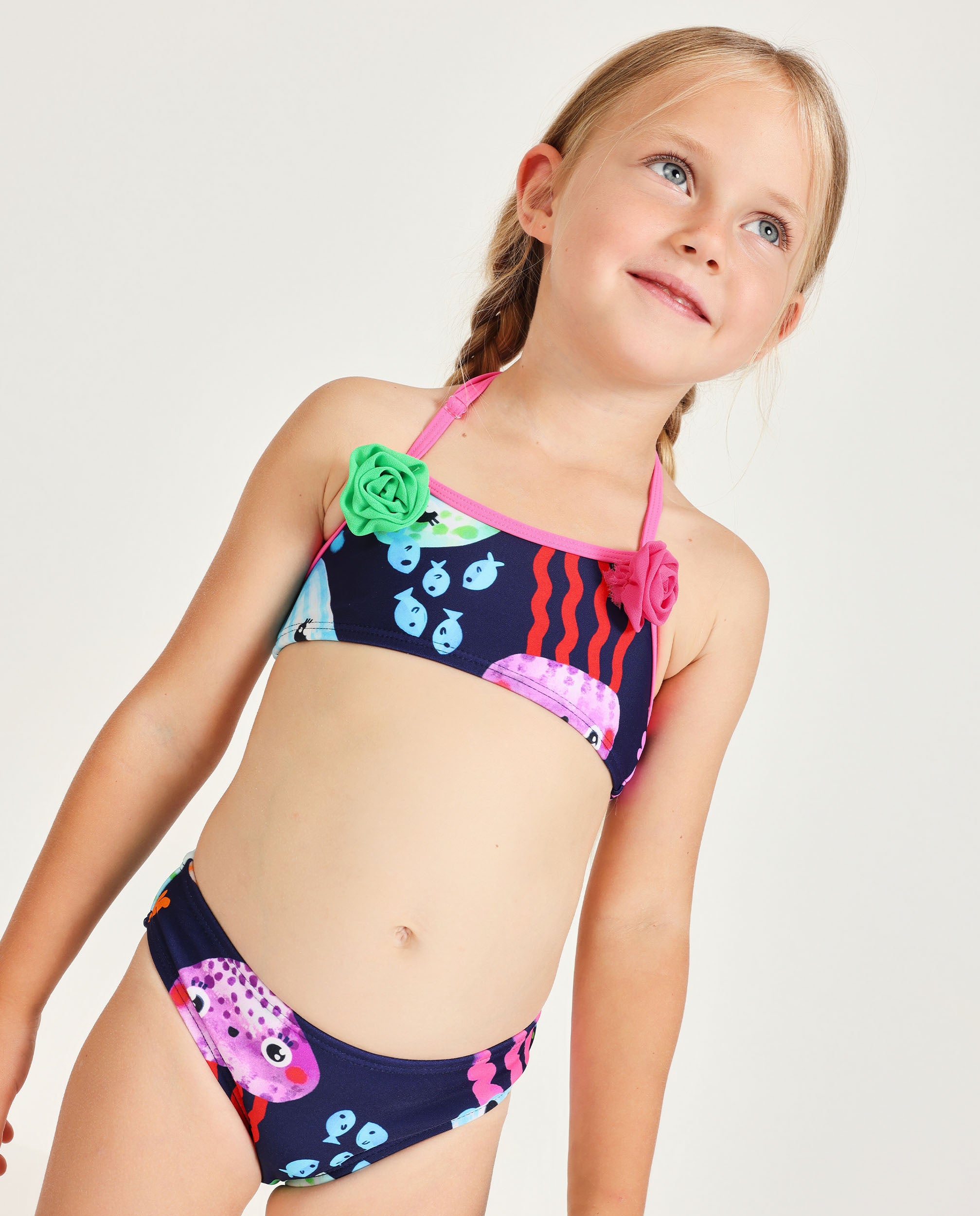 TucTuc Costumi bambina bikini navy fiori applicati