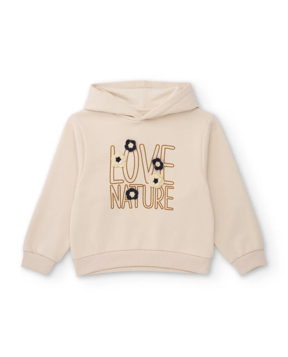 TucTuc Felpe felpa bambina ecrù ricamo floreale cappuccio