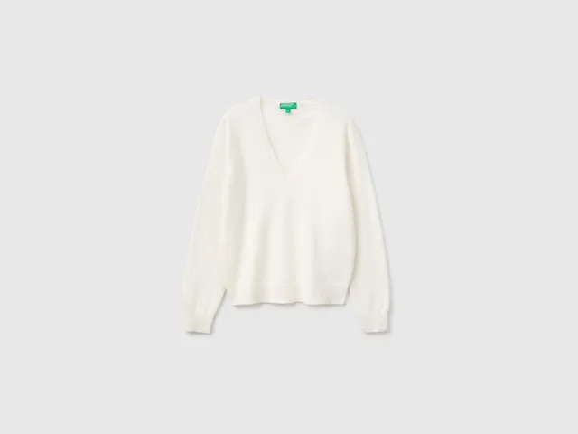 United Colors of Benetton Maglione Scollo V Lana Merino crema taglia M