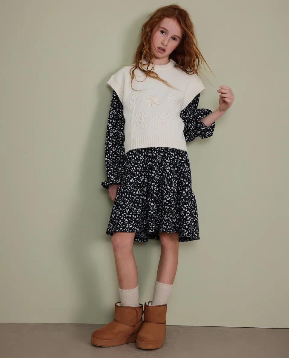 TucTuc Vestiti Abito Bambina Nero Floreale Maniche Lunghe