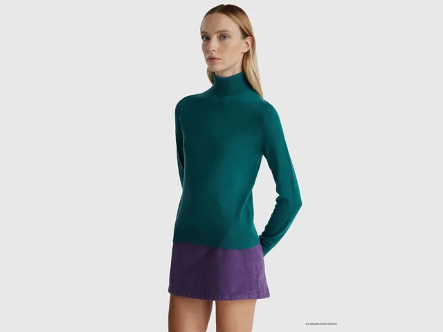United Colors of Benetton Maglione Dolcevita Lana Merino Verde M