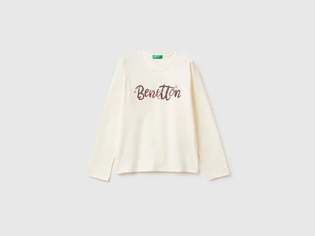 Benetton T-Shirt paillettes maglietta cotone bio manica lunga
