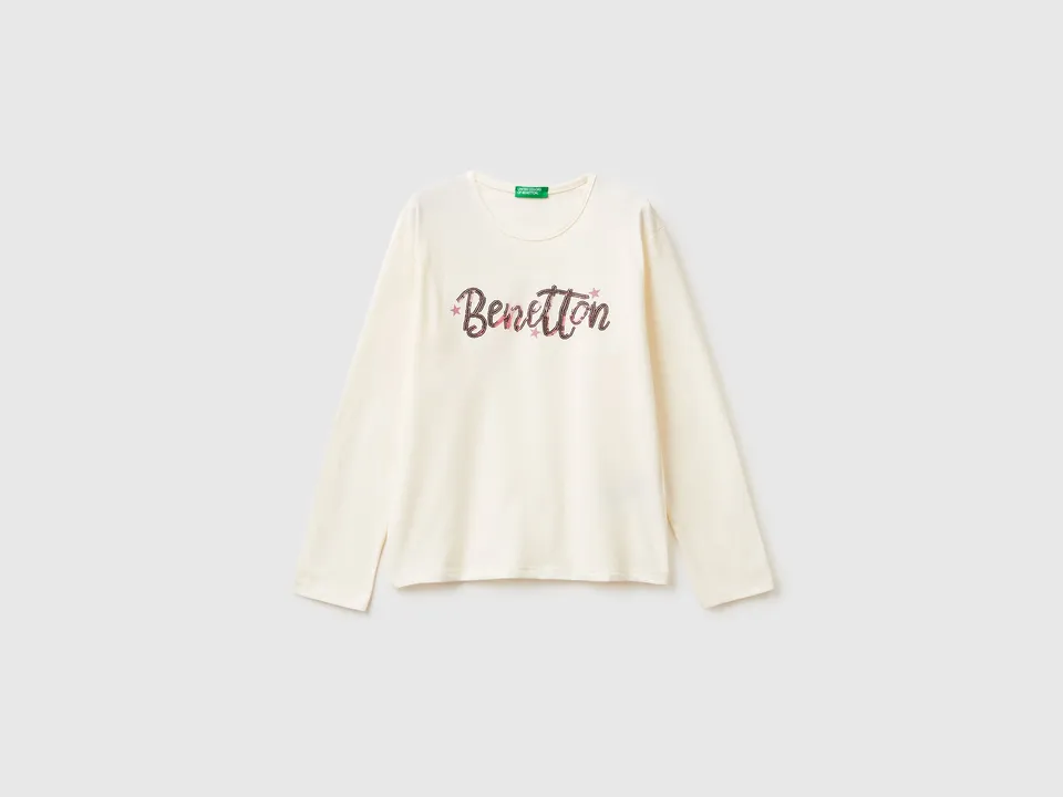 Benetton T-Shirt paillettes maglietta cotone bio manica lunga