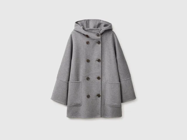 Benetton Cappotto Doppiopetto con Cappuccio M lana