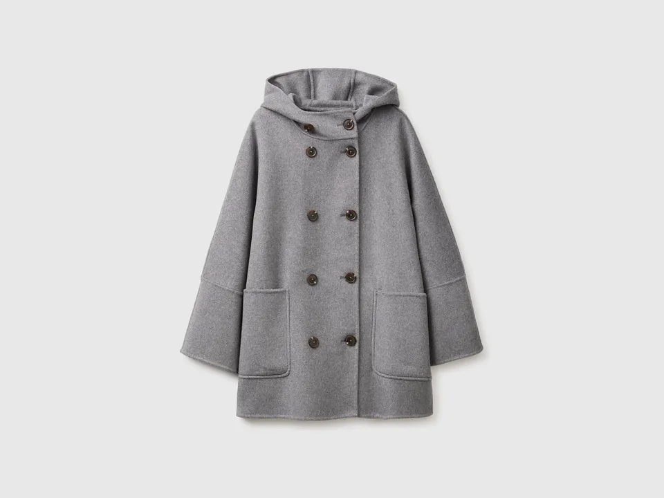 Benetton Cappotto Doppiopetto con Cappuccio M lana